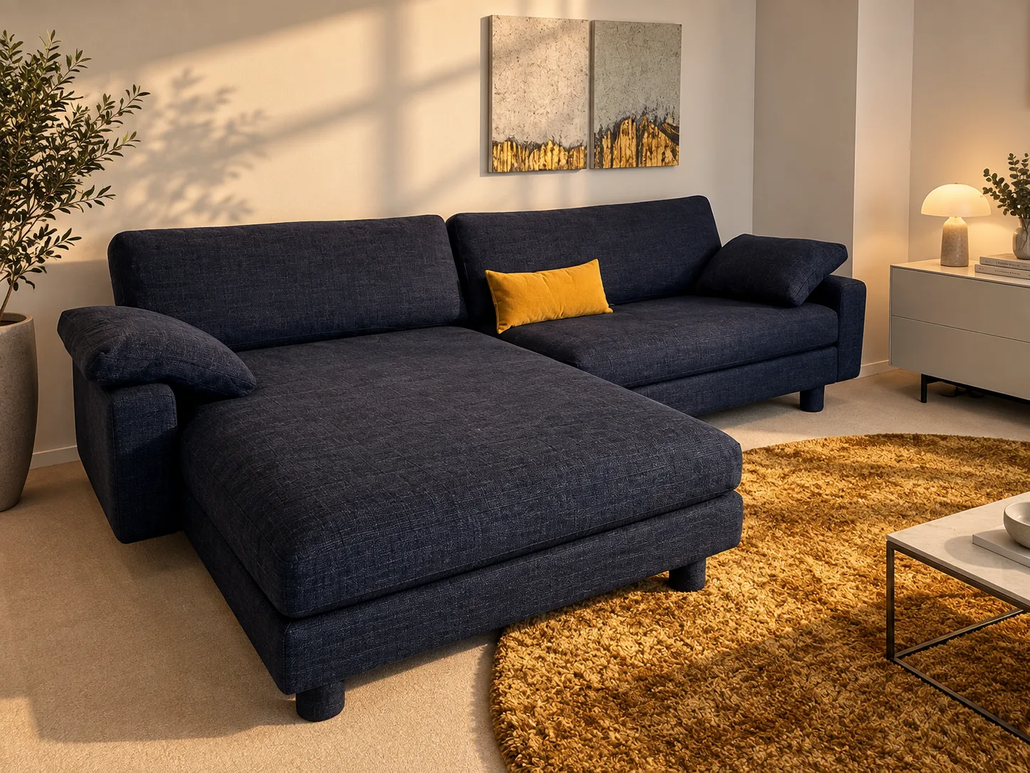 Dunkelblaues COR Sofa mit Recamiere im Wohnraum